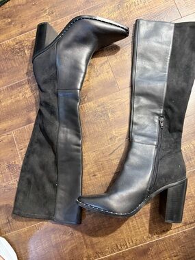 Aldo Black Leather and Suede Knee-High Block Heel Boots